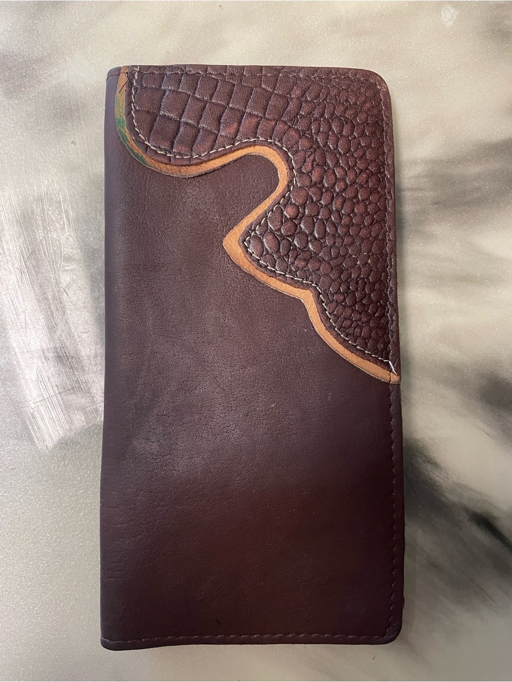 Brown Leather Long Wallet with crocodile design and Contrast Trim
